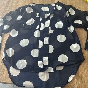 Cals Navy Blue White Sheer Collarless polka dot Blouse Size M